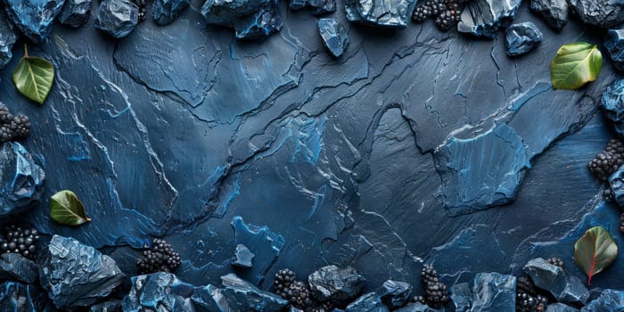 Blackberries on blue textured background. Top view, copy space