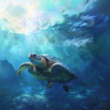 Majestic sea turtle swimming gracefully underwater, illuminated by sunbeams piercing through the ocean s surface