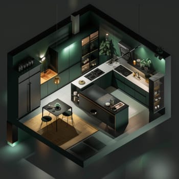 Overhead perspective of a kitchen and dining room with sleek countertops, dining table set for meal, and appliances neatly arranged