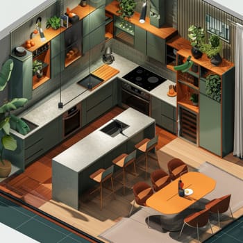 Overhead perspective of a kitchen and dining room with sleek countertops, dining table set for meal, and appliances neatly arranged