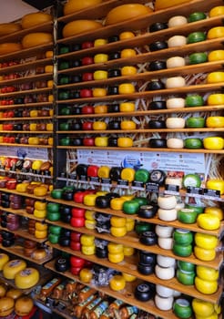 Gouda, the Nehterlands - April 20, 2023: Display of traditional Dutch cheese at local cheese shop in Gouda, the Netherlands