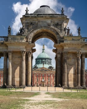 POTSDAM, GERMANY - MAY 31, 2020: Historic buildings in downtown Potsdam against blue sky on May 31, 2020 in Brandenburg, Germany