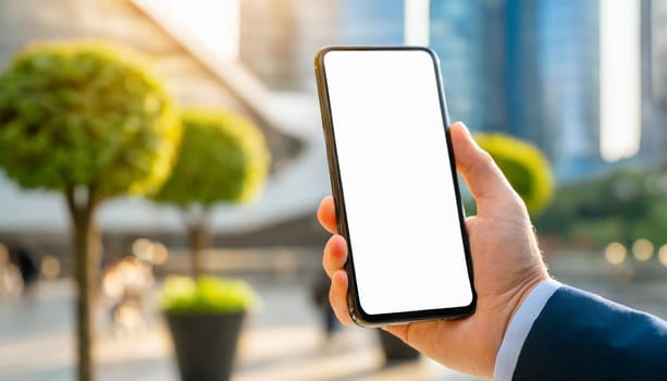 Close-up of a businessman hand holding a smartphone white screen is blank the background is blurred.Mockup.