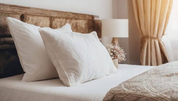 Clean Bedding sheets and pillow on natural wall room background. White bedding and pillow in hotel room. White pillows on empty bed.