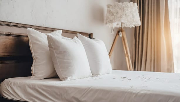 Clean Bedding sheets and pillow on natural wall room background. White bedding and pillow in hotel room. White pillows on empty bed.