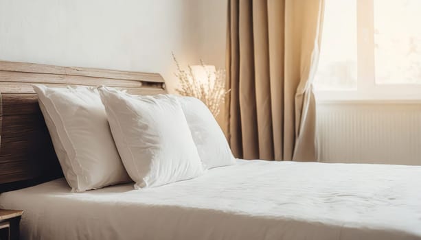Clean Bedding sheets and pillow on natural wall room background. White bedding and pillow in hotel room. White pillows on empty bed.