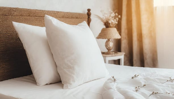 Clean Bedding sheets and pillow on natural wall room background. White bedding and pillow in hotel room. White pillows on empty bed.