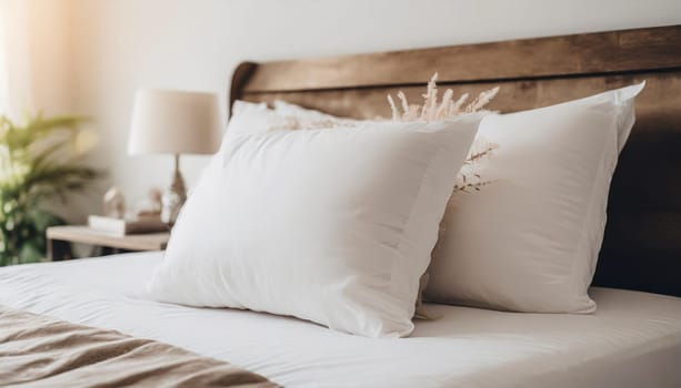 Clean Bedding sheets and pillow on natural wall room background. White bedding and pillow in hotel room. White pillows on empty bed.