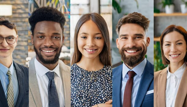 Collage with many diverse multiethnic people. Different young and old people group headshots