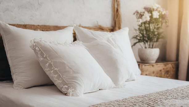 Clean Bedding sheets and pillow on natural wall room background. White bedding and pillow in hotel room. White pillows on empty bed.