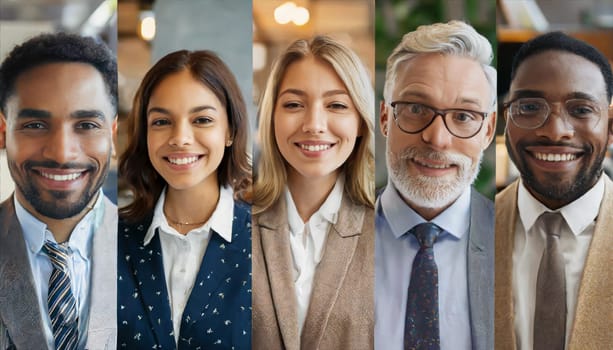 Collage with many diverse multiethnic people. Different young and old people group headshots