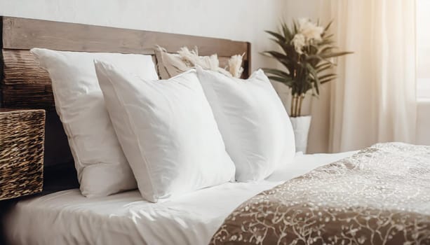 Clean Bedding sheets and pillow on natural wall room background. White bedding and pillow in hotel room. White pillows on empty bed.