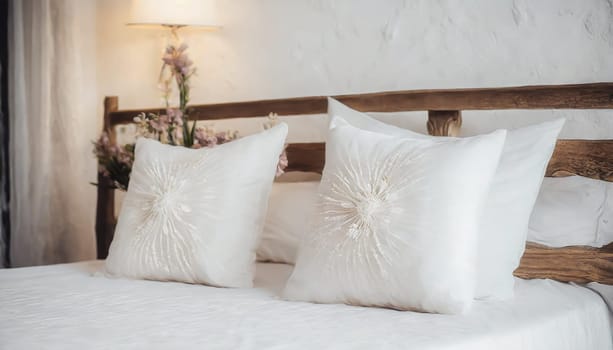 Clean Bedding sheets and pillow on natural wall room background. White bedding and pillow in hotel room. White pillows on empty bed.