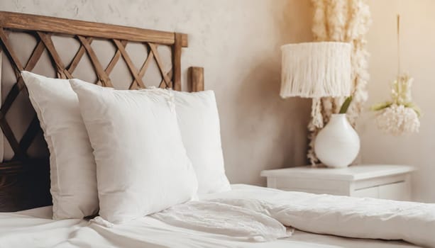 Clean Bedding sheets and pillow on natural wall room background. White bedding and pillow in hotel room. White pillows on empty bed.
