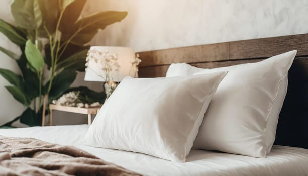 Clean Bedding sheets and pillow on natural wall room background. White bedding and pillow in hotel room. White pillows on empty bed.