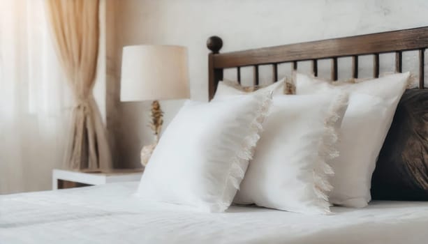 Clean Bedding sheets and pillow on natural wall room background. White bedding and pillow in hotel room. White pillows on empty bed.