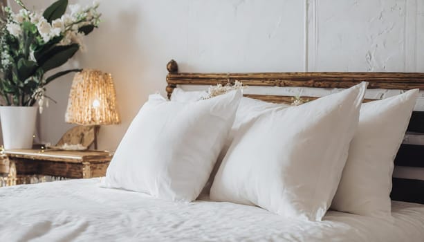 Clean Bedding sheets and pillow on natural wall room background. White bedding and pillow in hotel room. White pillows on empty bed.
