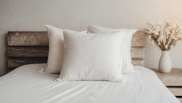 Clean Bedding sheets and pillow on natural wall room background. White bedding and pillow in hotel room. White pillows on empty bed.
