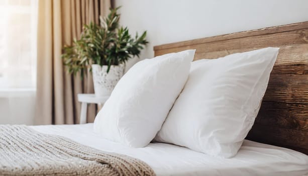 Clean Bedding sheets and pillow on natural wall room background. White bedding and pillow in hotel room. White pillows on empty bed.
