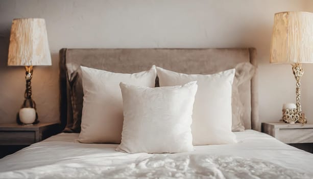 Clean Bedding sheets and pillow on natural wall room background. White bedding and pillow in hotel room. White pillows on empty bed.