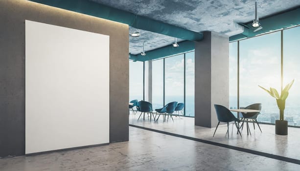 Loft, modern interior mockup with empty frame and decorative elements on concrete textured wall with green plants on on pot.Luxury hotel resort background. Vacation template. Minimal.
