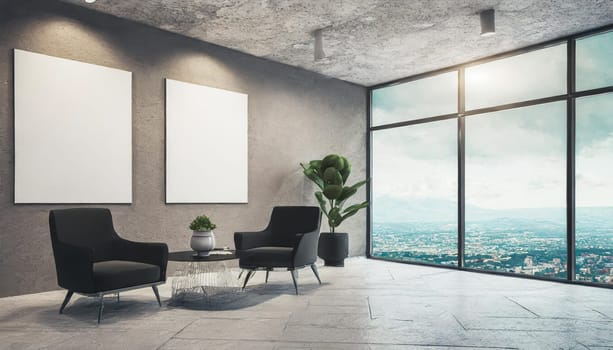 Loft, modern interior mockup with empty frame and decorative elements on concrete textured wall with green plants on on pot.Luxury hotel resort background. Vacation template. Minimal.