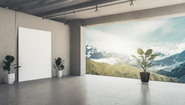 Loft, modern interior mockup with empty frame and decorative elements on concrete textured wall with green plants on on pot.Luxury hotel resort background. Vacation template. Minimal.