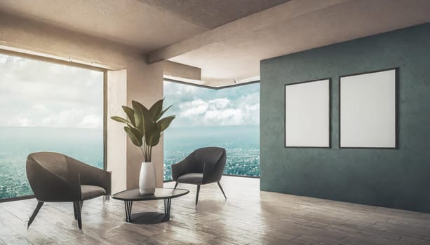 Loft, modern interior mockup with empty frame and decorative elements on concrete textured wall with green plants on on pot.Luxury hotel resort background. Vacation template. Minimal.