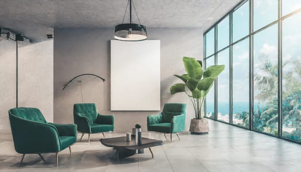 Loft, modern interior mockup with empty frame and decorative elements on concrete textured wall with green plants on on pot.Luxury hotel resort background. Vacation template. Minimal.