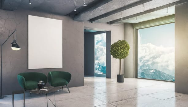 Loft, modern interior mockup with empty frame and decorative elements on concrete textured wall with green plants on on pot.Luxury hotel resort background. Vacation template. Minimal.