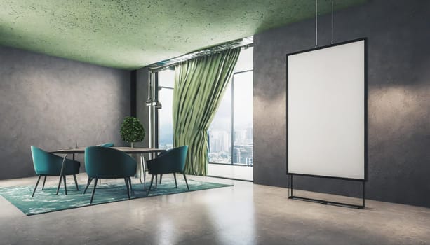 Loft, modern interior mockup with empty frame and decorative elements on concrete textured wall with green plants on on pot.Luxury hotel resort background. Vacation template. Minimal.