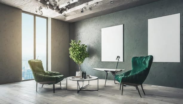 Loft, modern interior mockup with empty frame and decorative elements on concrete textured wall with green plants on on pot.Luxury hotel resort background. Vacation template. Minimal.