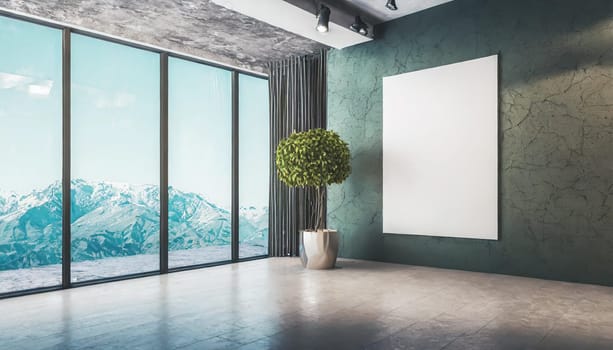 Loft, modern interior mockup with empty frame and decorative elements on concrete textured wall with green plants on on pot.Luxury hotel resort background. Vacation template. Minimal.