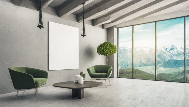 Loft, modern interior mockup with empty frame and decorative elements on concrete textured wall with green plants on on pot.Luxury hotel resort background. Vacation template. Minimal.
