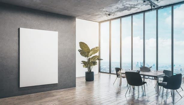 Loft, modern interior mockup with empty frame and decorative elements on concrete textured wall with green plants on on pot.Luxury hotel resort background. Vacation template. Minimal.