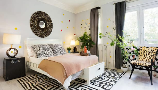 contemporary bedroom with upcycled nightstand