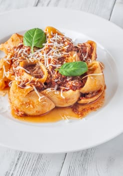 Portion of lumaconi pasta with bolognese sauce