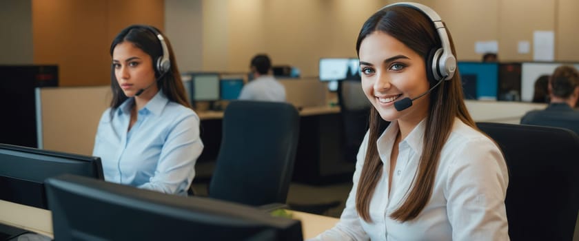 Two professional women in their 20s wearing headsets and working at a call center, showcasing teamwork and communication in a modern office environment.