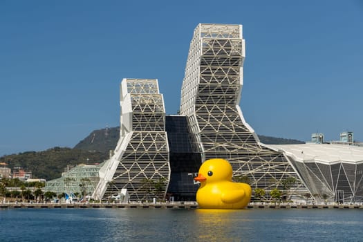 Kaohsiung, Taiwan, 01 February 2024: Rubber duck in Kaohsiung Music Center at Taiwan