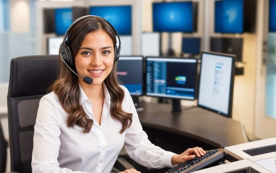 A smiling young woman in her 20s, wearing a white blouse, operates a computer and provides customer support with a headset in a modern office setting  displays professionalism and friendly assistance