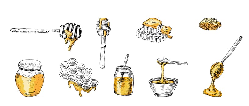 Honey products comb, jar in hand drawn sketch in color - big set. Vector illustration can used for wrapping paper, label, poster, cards. Engraved or ink vector honey illustrations.