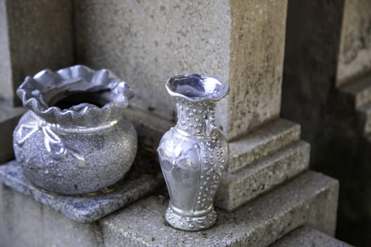 Detail of old silver vases, decoration