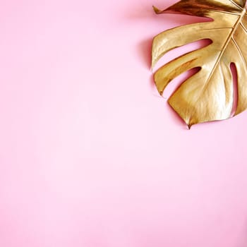 Luxury natural background with golden tropical leaves. Gold monstera leaf on pastel pink background. Clean minimal flat lay design. Trendy chic lifestyle fashion concept.