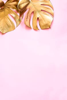 Luxury natural background with golden tropical leaves. Gold monstera leaf on pastel pink background. Clean minimal flat lay design. Trendy chic lifestyle fashion concept.