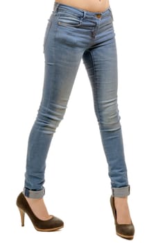 a girl in jeans on a white background, close-up
