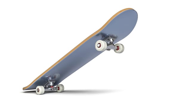 3d rendering of a skateboard caught mid-air on an isolated white backdrop