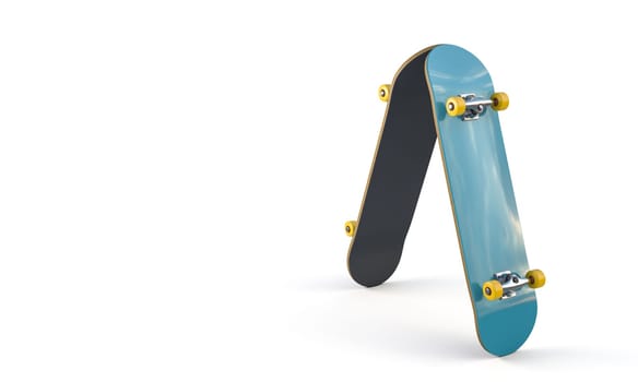 High-resolution image of a skateboard standing upright, isolated on a white background. 3d render