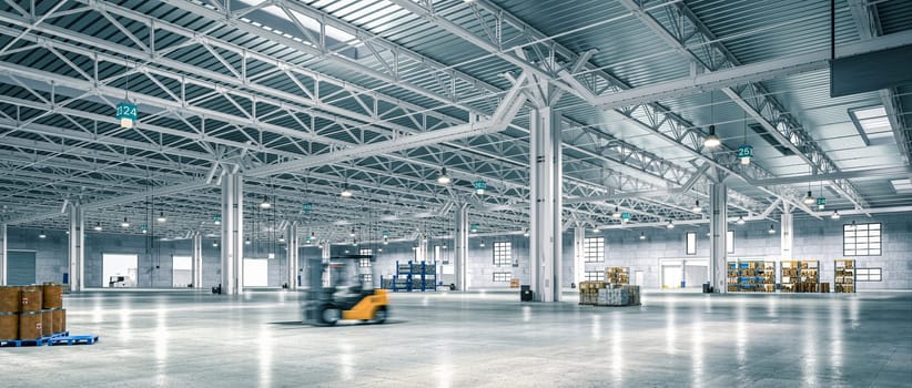 Wide-angle view of a spacious, well-lit warehouse with forklift in motion blur. 3d render