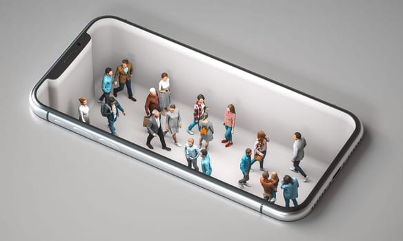 A conceptual image featuring small 3d figures inside a smartphone