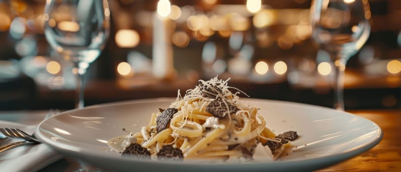 Gourmet pasta with truffles on a white plate, elegant setting with wine glasses and warm lighting